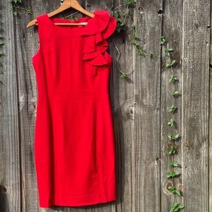Calvin Klein Red Midi Sheath Dress with Ruffle Shoulder